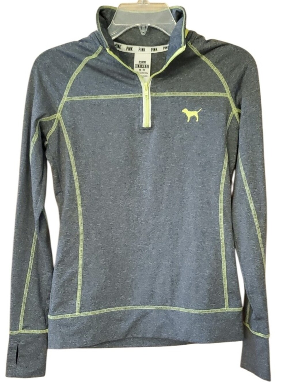 PINK‎ Victoria's Secret Heather Gray Quarter-Zip Pullover with Lime Accents